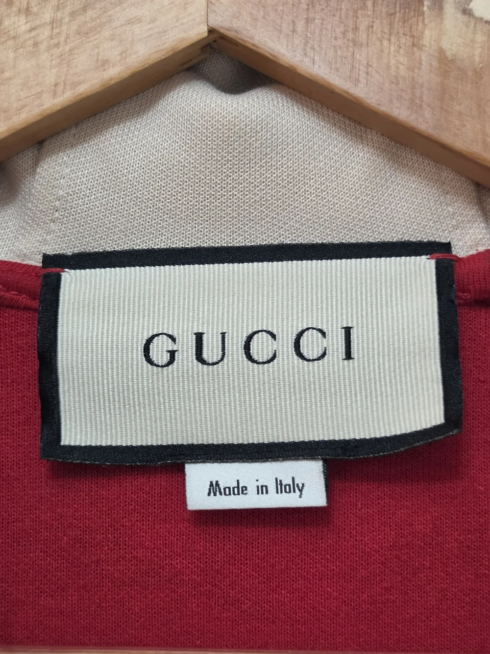 Gucci Red and Cream Logo-Trim Bomber Hoodie